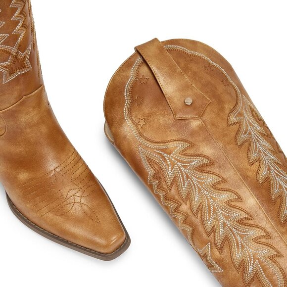 Women's Brown Knee High Cowgirl Boots Retro Embroidered Chunky Heels Pointed Toe - Picture 3 of 6